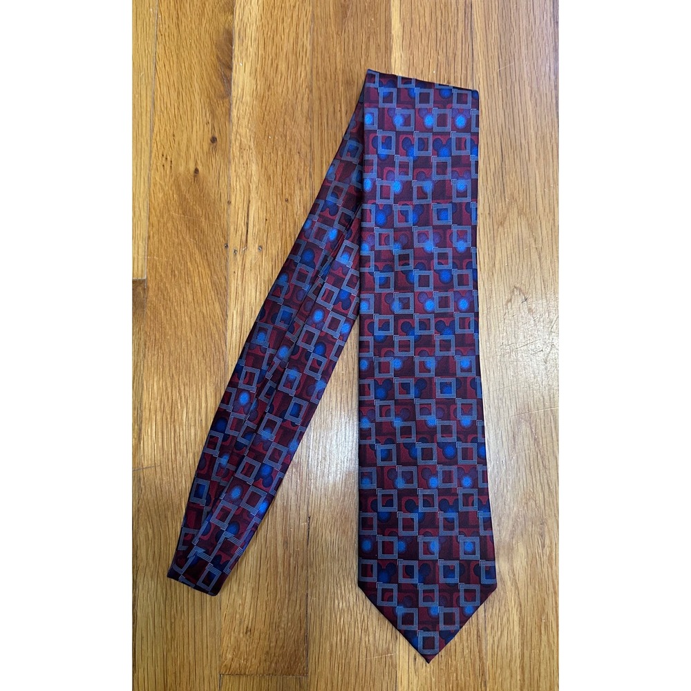 Disney Parks Mickey Mouse Silk Tie Burgundy Blue Geometric Squares Men Necktie